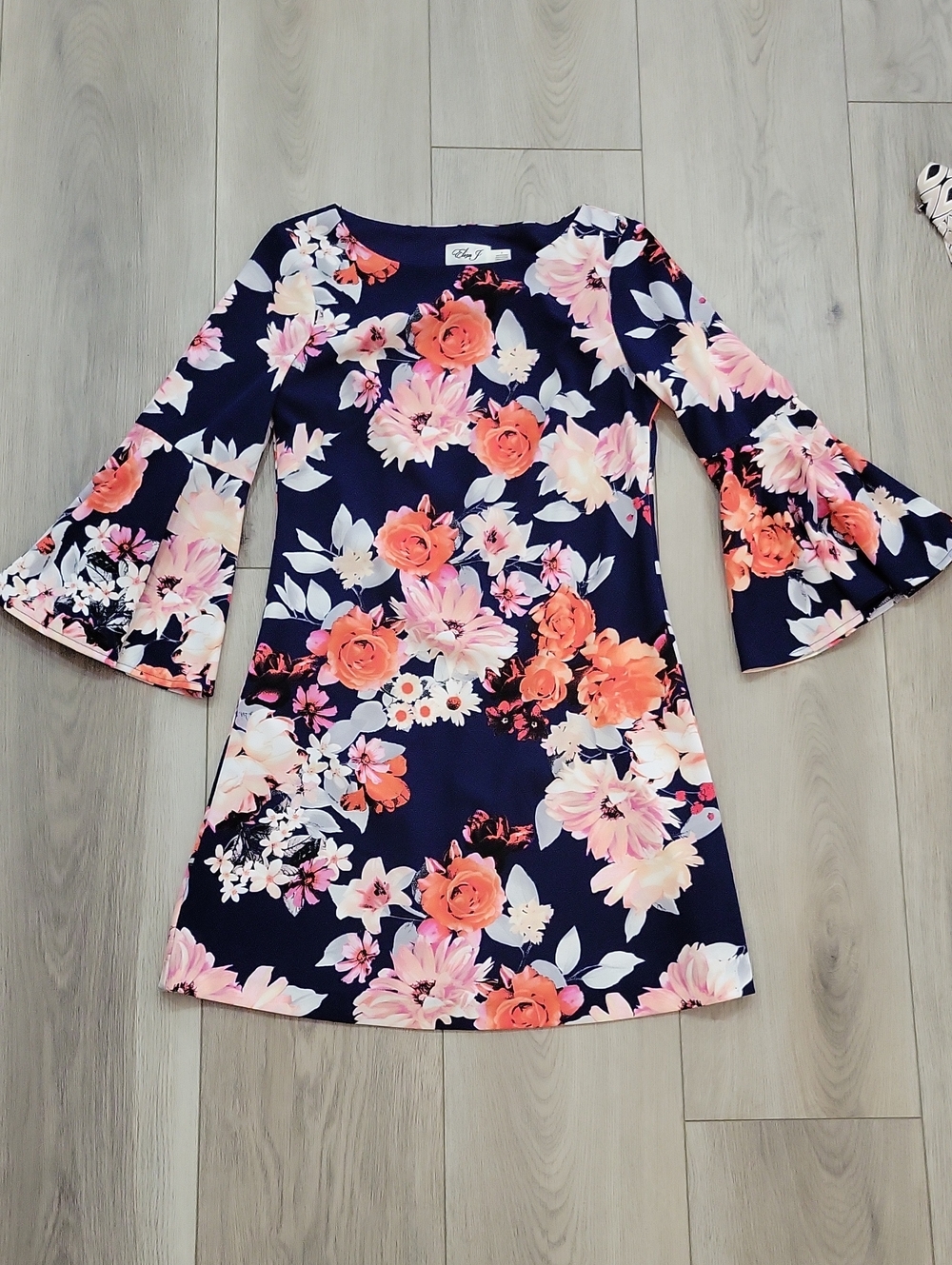 Eliza J Navy Dress with Coral and Blush Floral Print